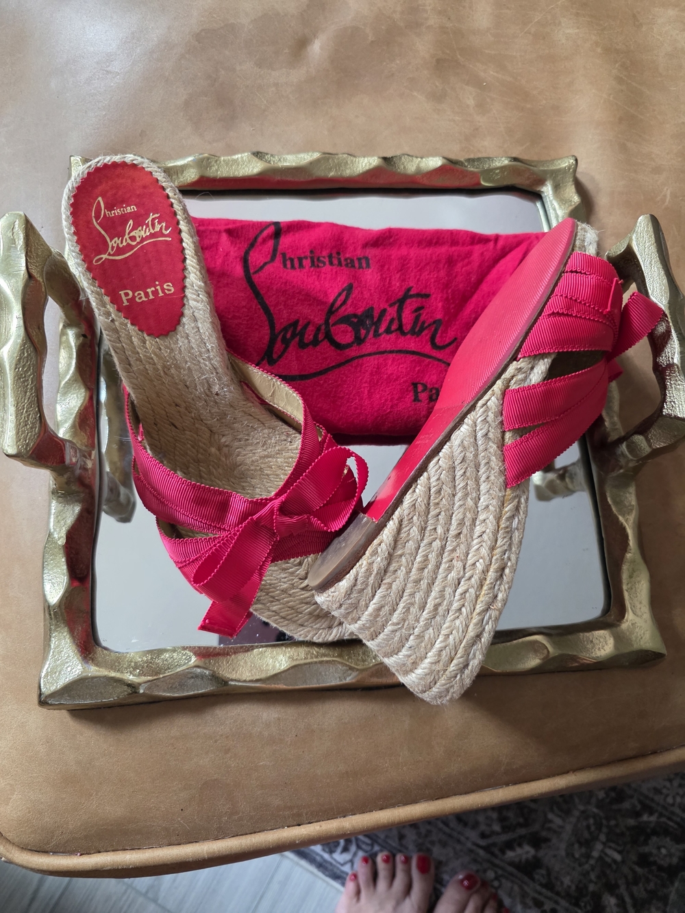 Christian Louboutin Women’s Red Espadrille Bow Slide Sandals - Picture 3 of 4